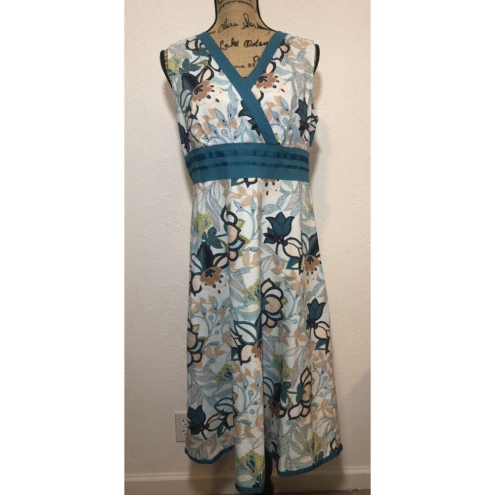 Womens Croft & Barrow Dress SZ 14 Stretch Blue White Green Flowers Sleeveless